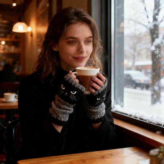 2026 Безпръстови ръкавици с бродерия на котка – топли и стилни за зимата