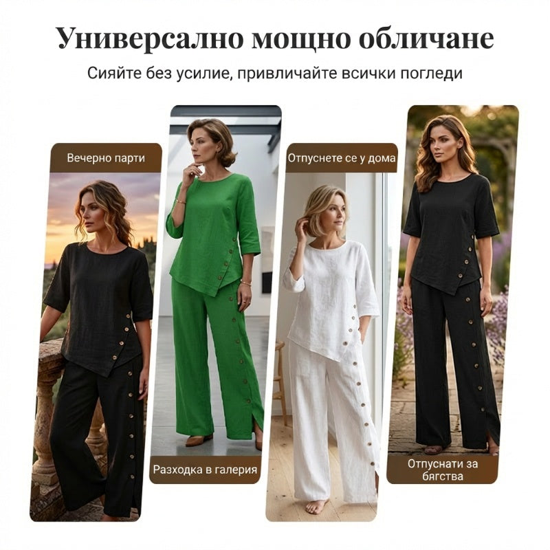 ✨ Двукомпонентен комплект: асиметрична блуза + широки панталони – стил и комфорт за всяко лято!
