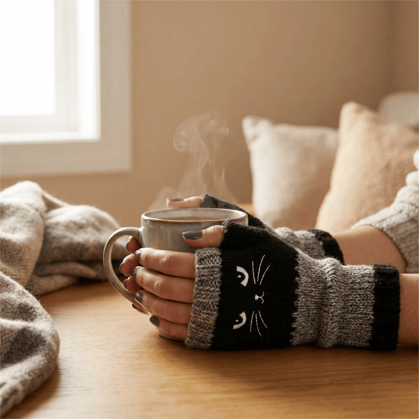 2026 Безпръстови ръкавици с бродерия на котка – топли и стилни за зимата