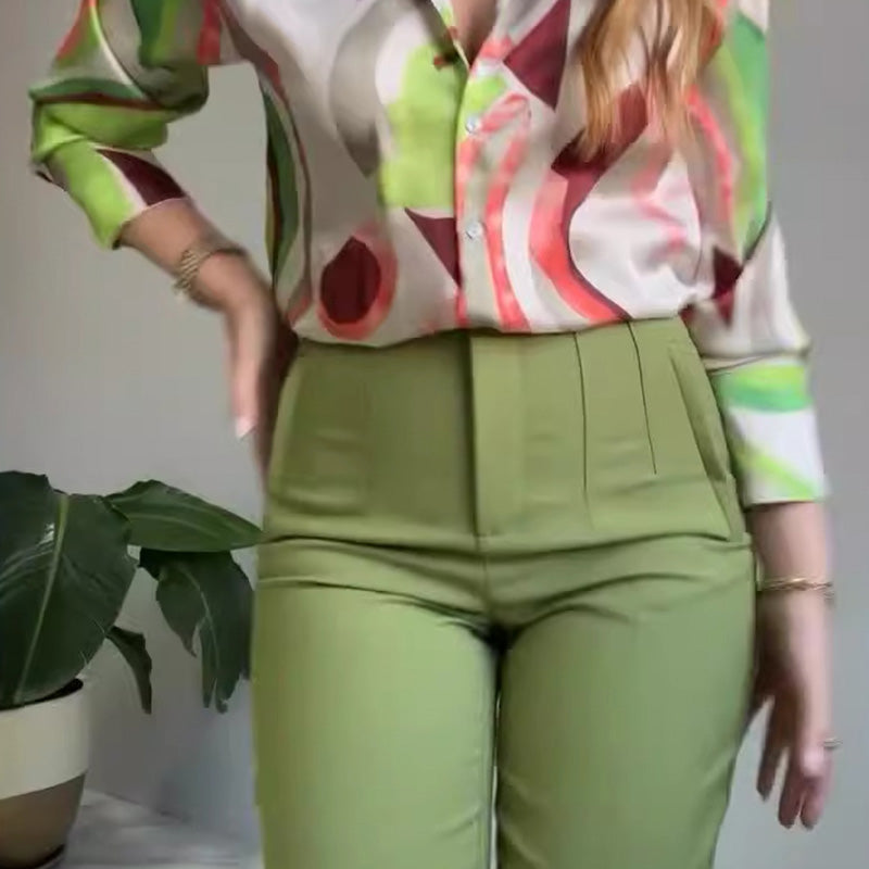 2-teiliges Set aus bedrucktem Hemd und Hose mit Knöpfen für Damen