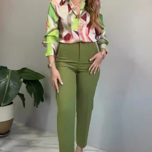 2-teiliges Set aus bedrucktem Hemd und Hose mit Knöpfen für Damen