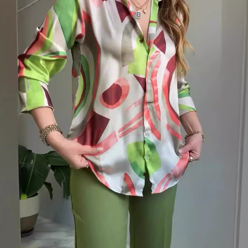 2-teiliges Set aus bedrucktem Hemd und Hose mit Knöpfen für Damen