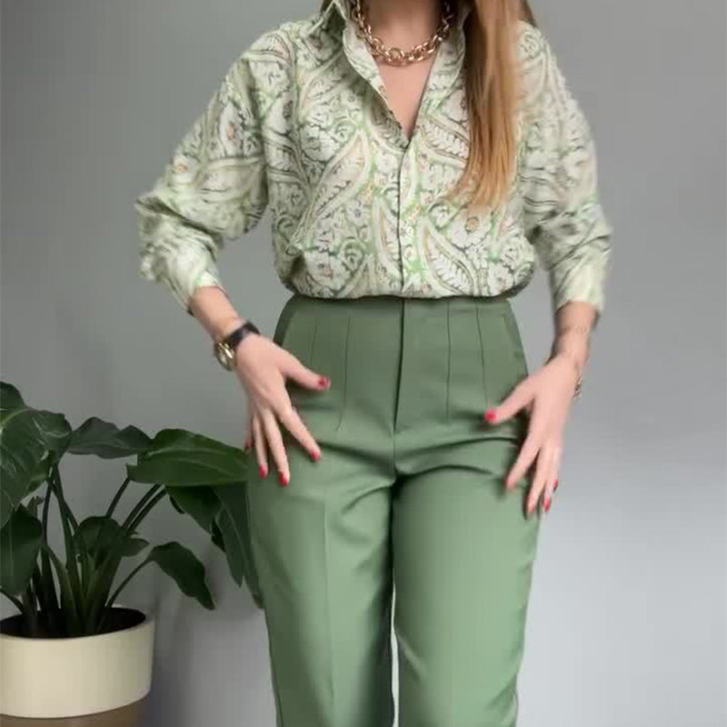 2-teiliges Set aus bedrucktem Hemd und Hose mit Knöpfen für Damen