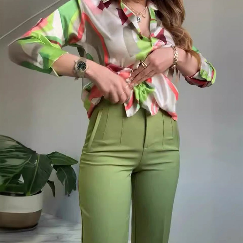 2-teiliges Set aus bedrucktem Hemd und Hose mit Knöpfen für Damen