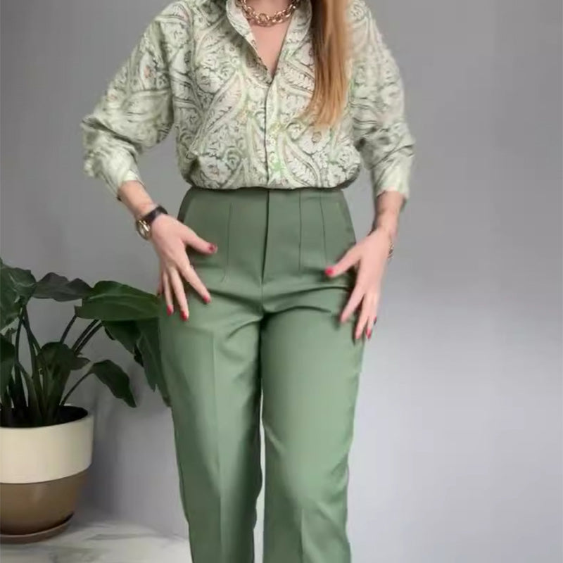 2-teiliges Set aus bedrucktem Hemd und Hose mit Knöpfen für Damen