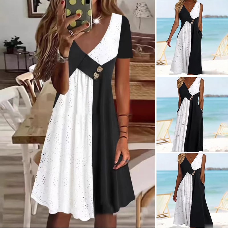 【✨Безплатно колие на стойност 30€ 】👗 Елегантна дамска рокля със сладко деколте и модерен пачуърк