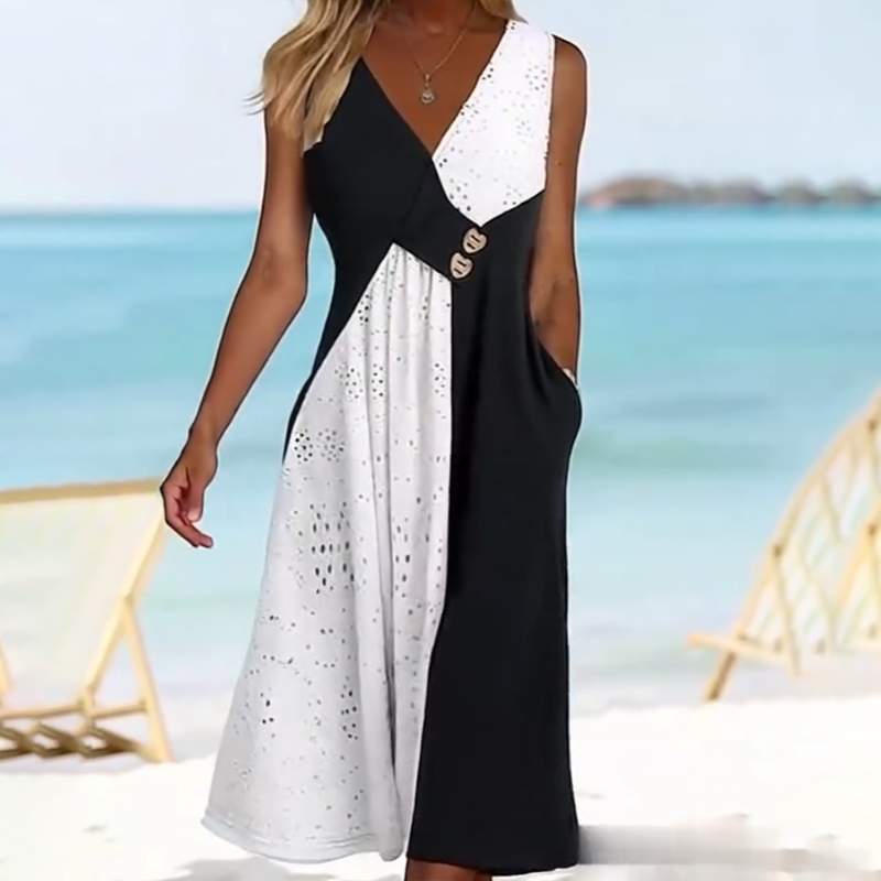 【✨Безплатно колие на стойност 30€ 】👗 Елегантна дамска рокля със сладко деколте и модерен пачуърк