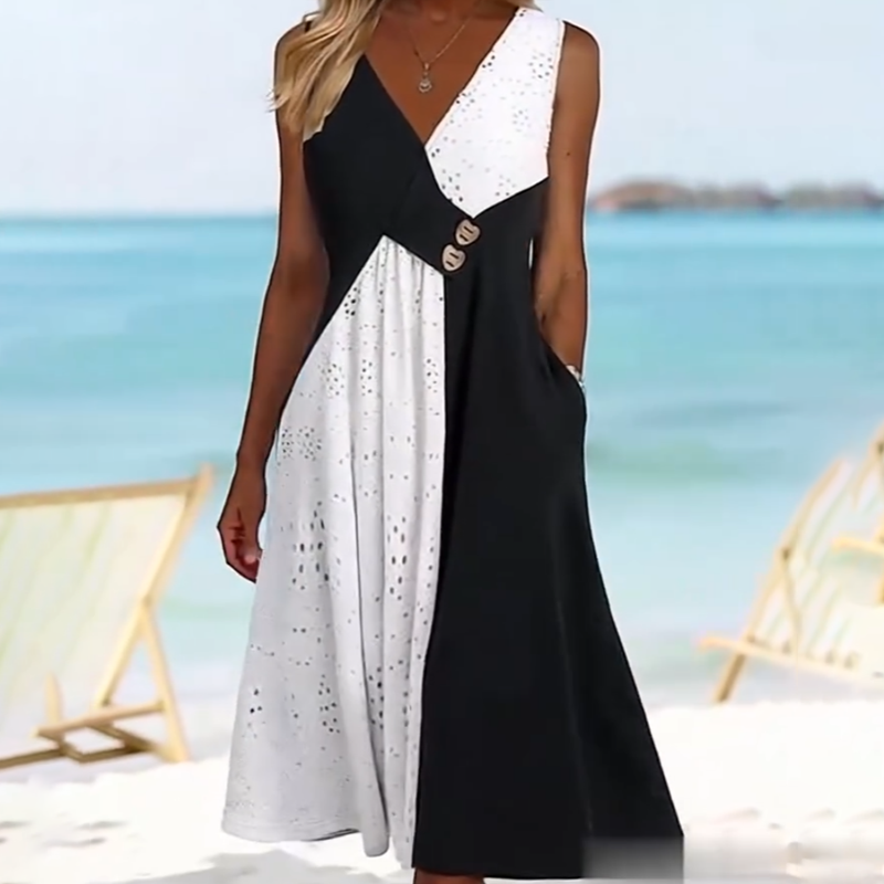 【✨Безплатно колие на стойност 30€ 】👗 Елегантна дамска рокля със сладко деколте и модерен пачуърк