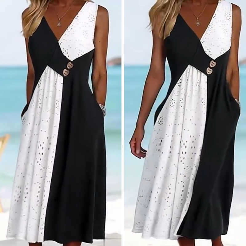 【✨Безплатно колие на стойност 30€ 】👗 Елегантна дамска рокля със сладко деколте и модерен пачуърк