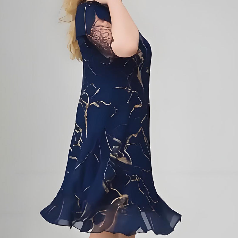 💖Дамска рокля от шифон с къс ръкав Cascading printed printed chiffon