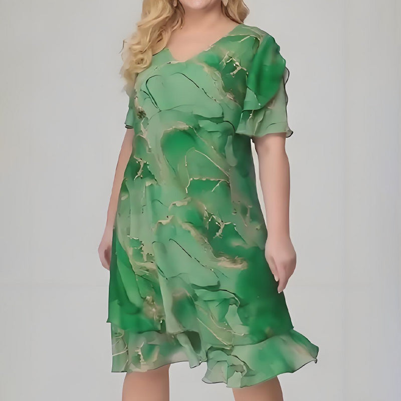 💖Дамска рокля от шифон с къс ръкав Cascading printed printed chiffon