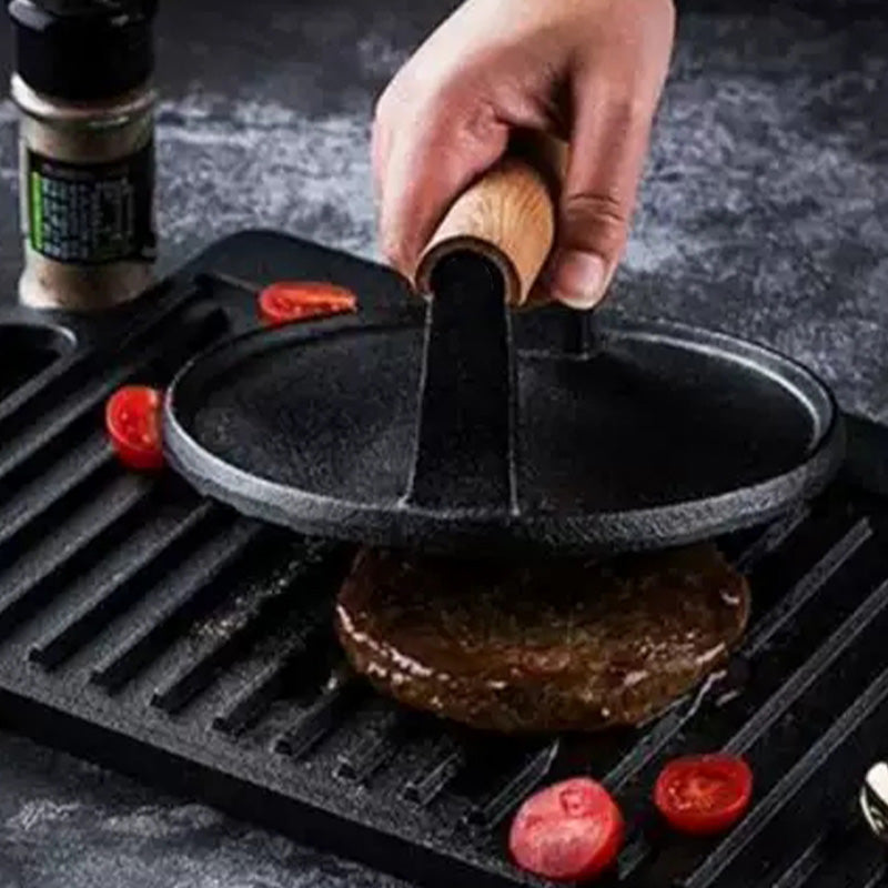 🥩Чугунена преса за бургери с дървена дръжка