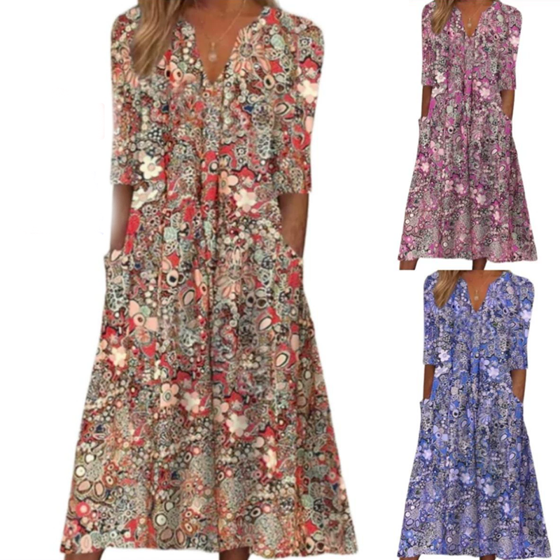 🍃【S-3XL】Floral V-Neck Dress – Loose, Casual, and Oh-So-Comfortable!