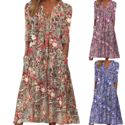 🍃【S-3XL】Floral V-Neck Dress – Loose, Casual, and Oh-So-Comfortable!