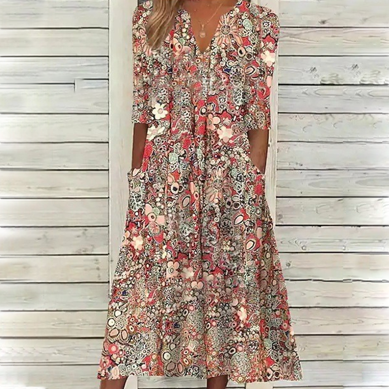 🍃【S-3XL】Floral V-Neck Dress – Loose, Casual, and Oh-So-Comfortable!