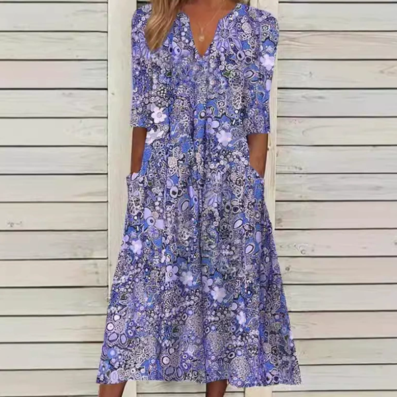 🍃【S-3XL】Floral V-Neck Dress – Loose, Casual, and Oh-So-Comfortable!
