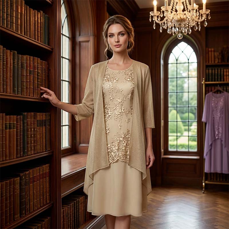👗 Официален комплект: рокля до коляното + кардиган – Елегантност в две части! 💜